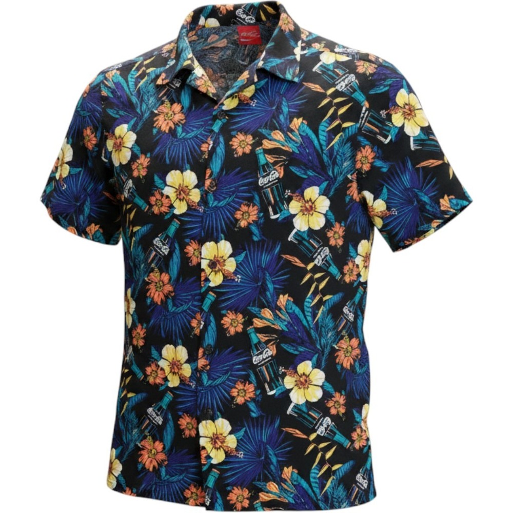 Coca-Cola Button Down Shirt Mens Small Black Tropical Floral Rayon Excellent